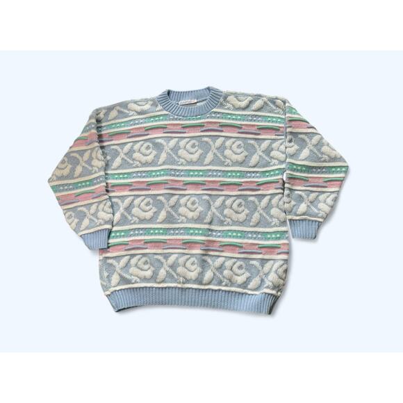 Vintage 80s Rose Pastel Sparkle Coogi Style Chunky Knit Sweater Fairy Kei M/L - Picture 4 of 10